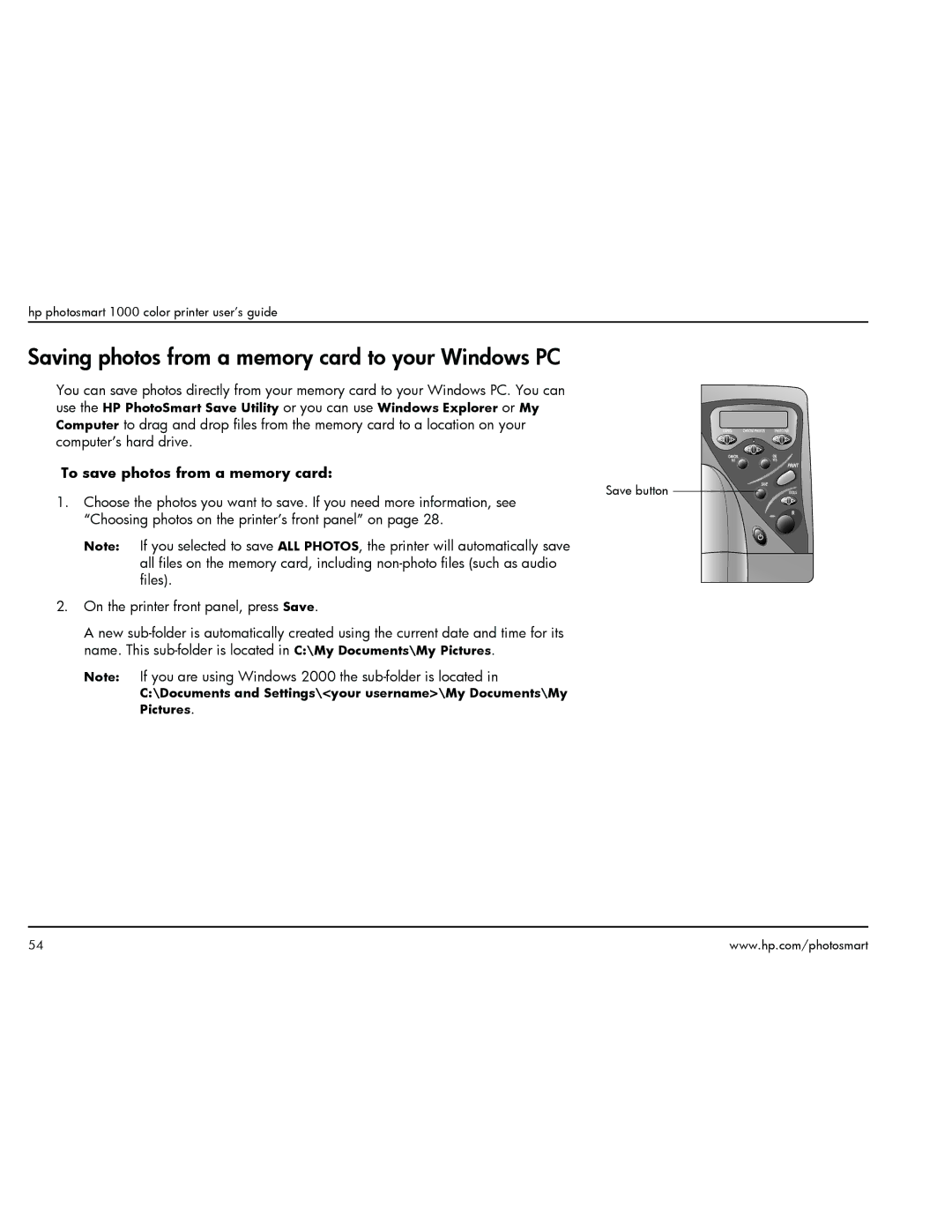 HP 1000 manual Saving photos from a memory card to your Windows PC, To save photos from a memory card 