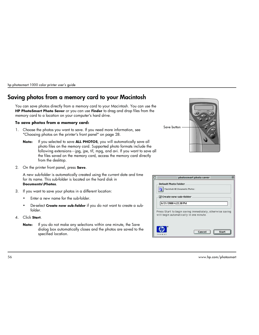 HP 1000 manual Saving photos from a memory card to your Macintosh 