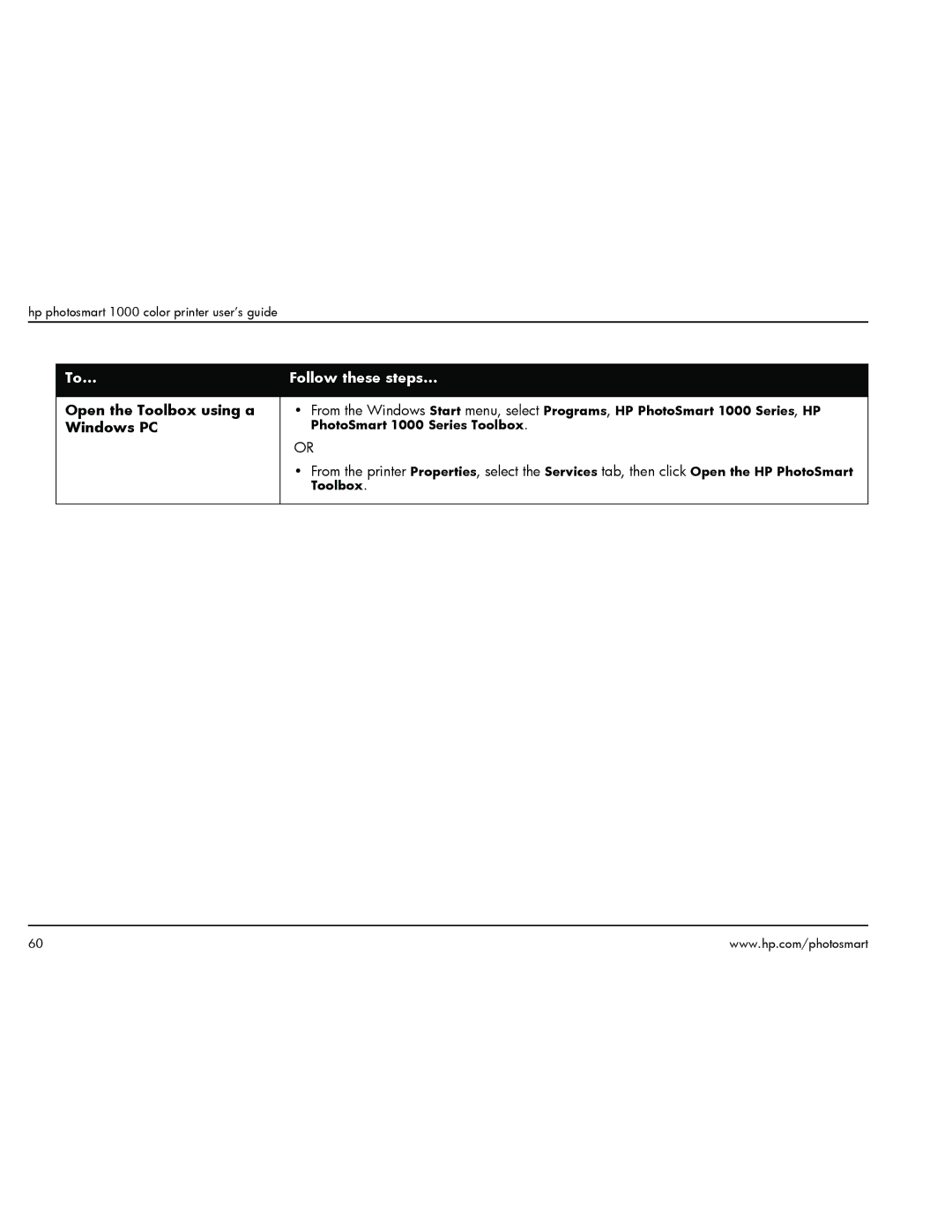 HP 1000 manual Open the Toolbox using a, Windows PC 