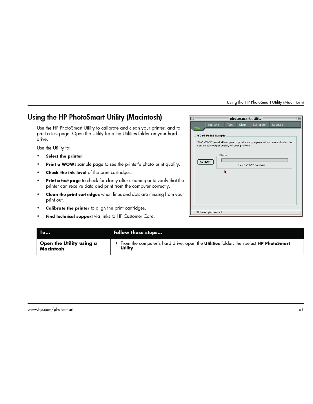 HP 1000 manual Using the HP PhotoSmart Utility Macintosh 