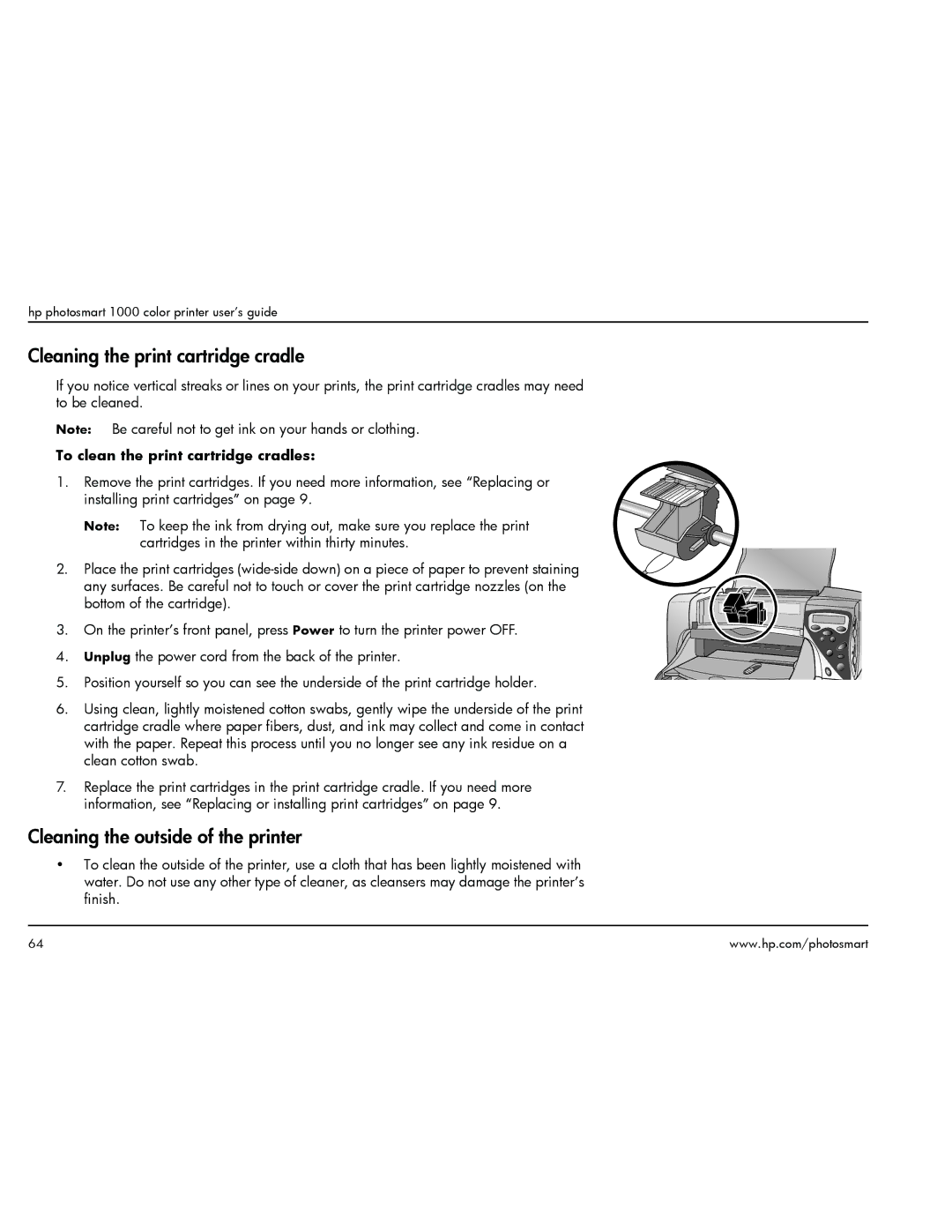 HP 1000 Cleaning the print cartridge cradle, Cleaning the outside of the printer, To clean the print cartridge cradles 