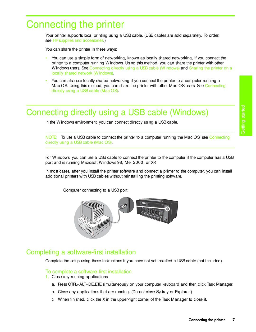 HP 1000 Connecting the printer, Connecting directly using a USB cable Windows, Completing a software-first installation 