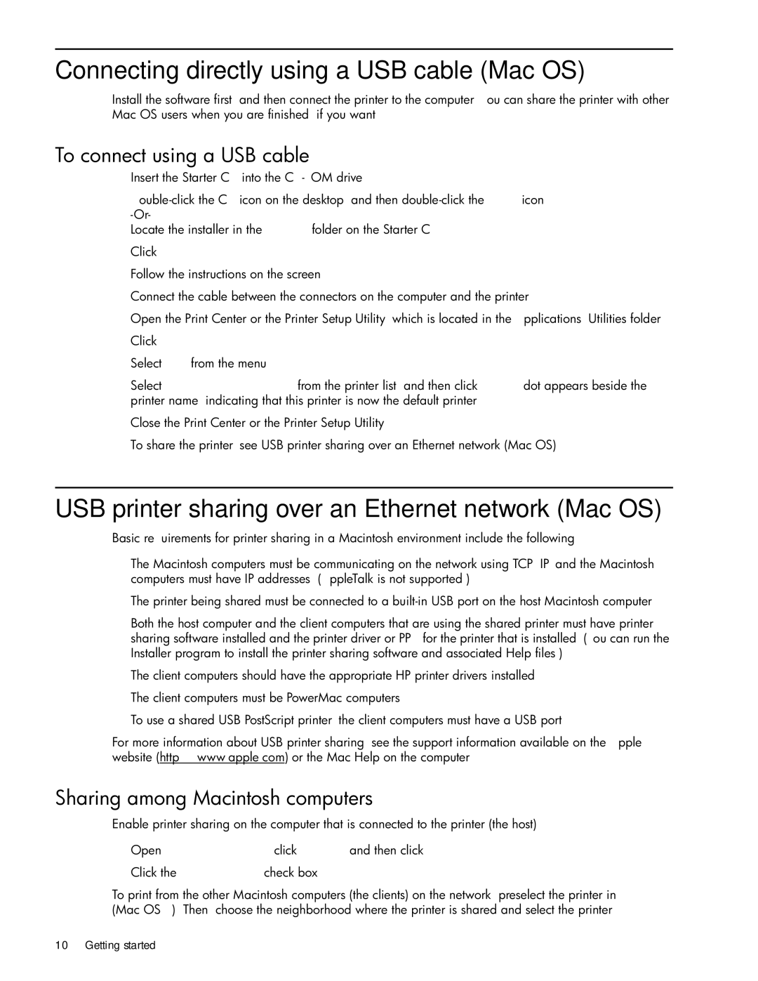 HP 1000 manual Connecting directly using a USB cable Mac OS, USB printer sharing over an Ethernet network Mac OS 