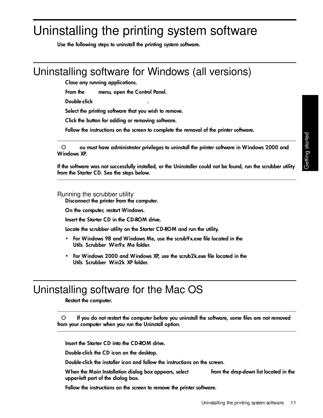 HP 1000 manual Uninstalling the printing system software, Uninstalling software for Windows all versions 