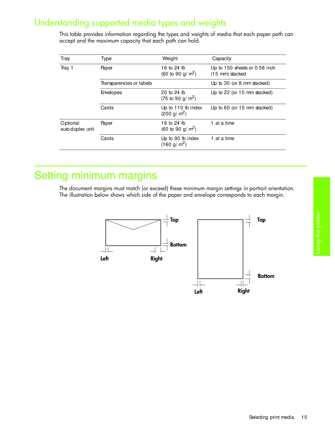 HP 1000 manual Setting minimum margins, Understanding supported media types and weights 