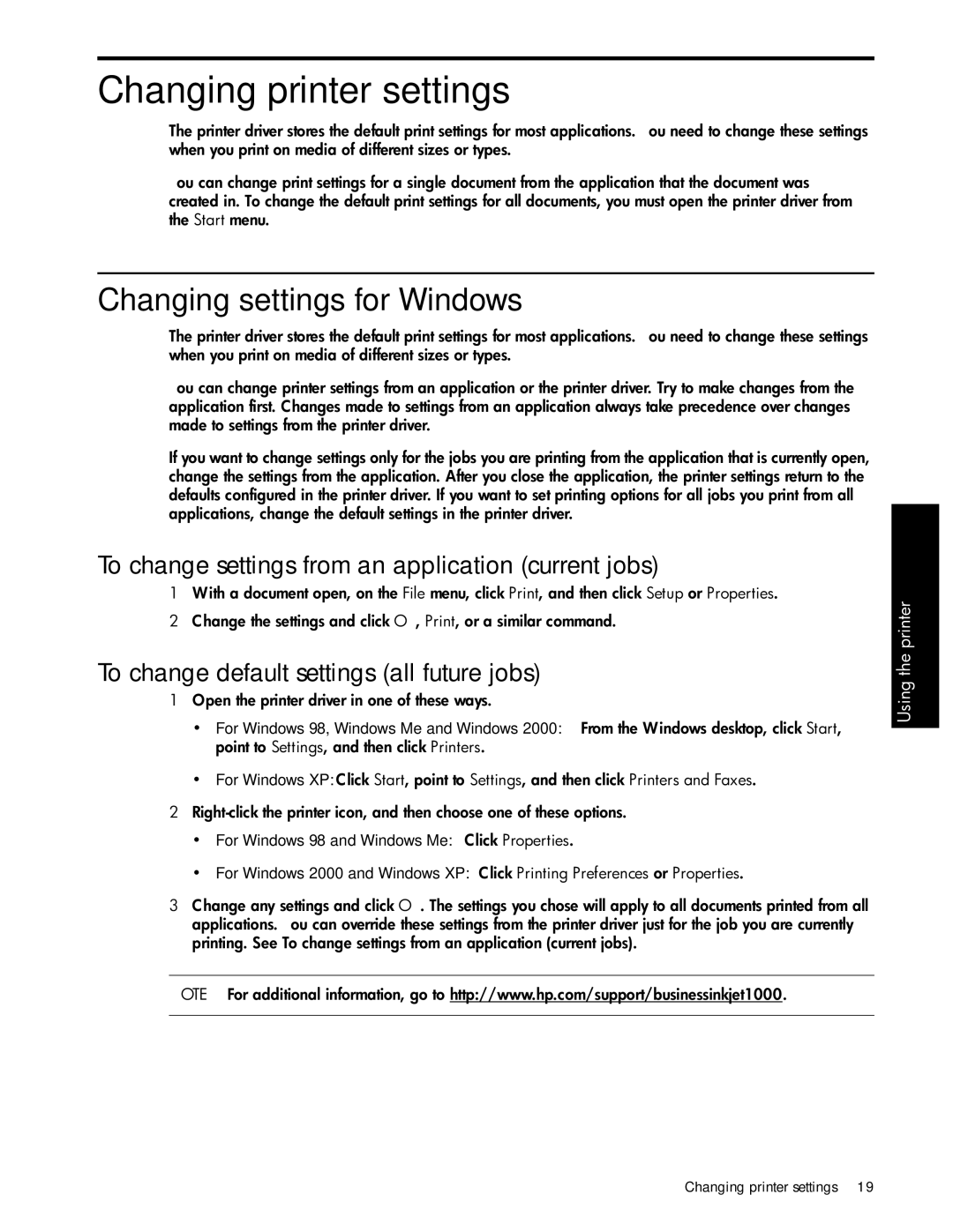 HP 1000 Changing printer settings, Changing settings for Windows, To change settings from an application current jobs 