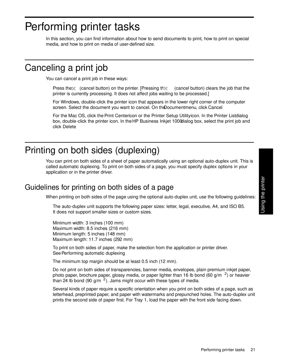 HP 1000 manual Performing printer tasks, Canceling a print job, Printing on both sides duplexing 