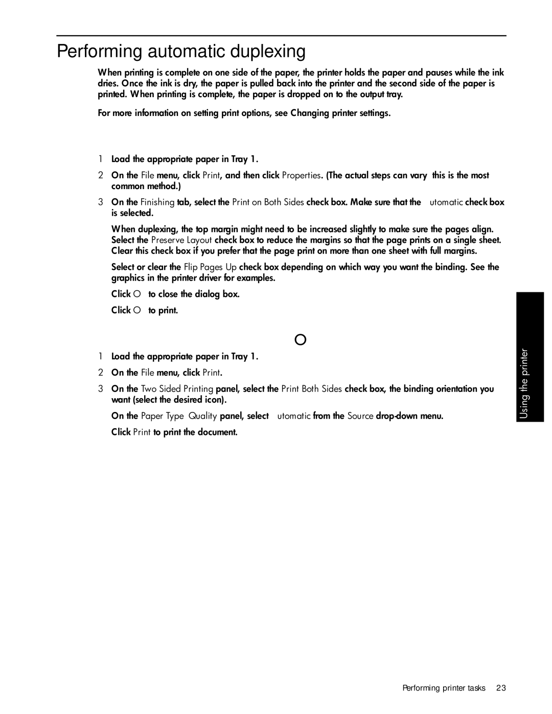 HP 1000 Performing automatic duplexing, To perform automatic duplexing Windows, To perform automatic duplexing Mac OS 