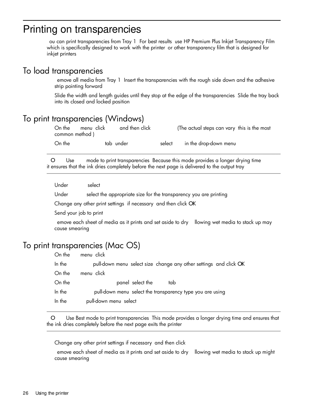 HP 1000 manual Printing on transparencies, To load transparencies, To print transparencies Windows 