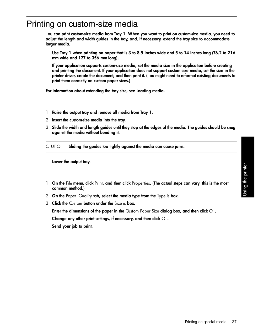 HP 1000 manual Printing on custom-size media, To load custom-size media, To print custom-size media Windows 