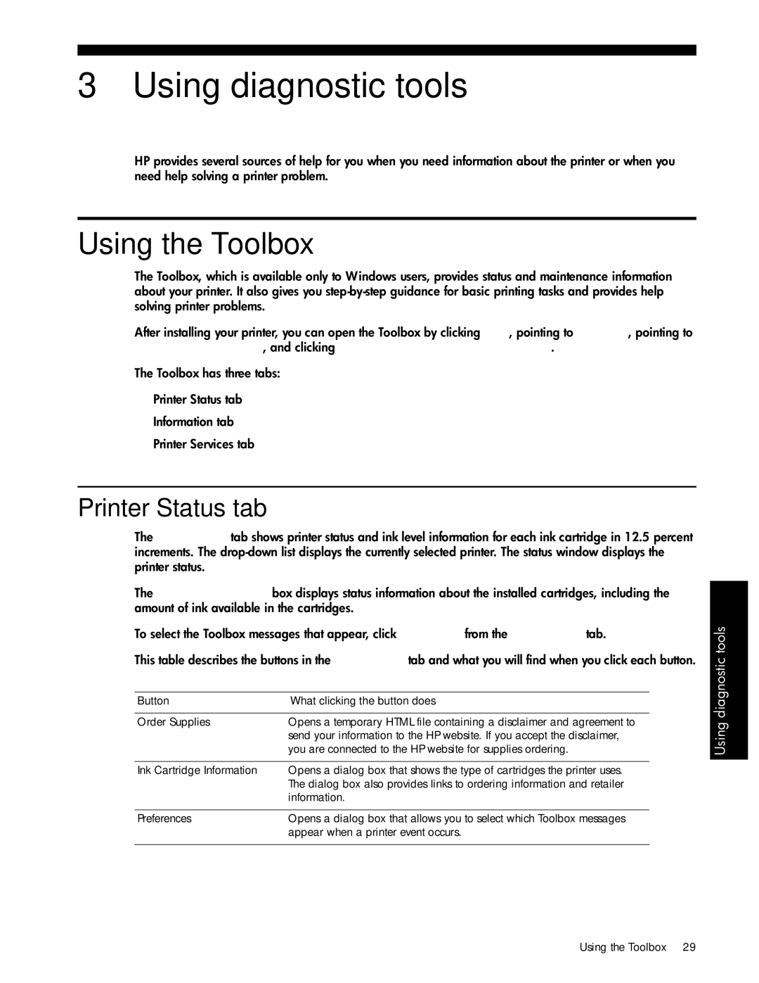 HP 1000 manual Using diagnostic tools, Using the Toolbox, Printer Status tab 