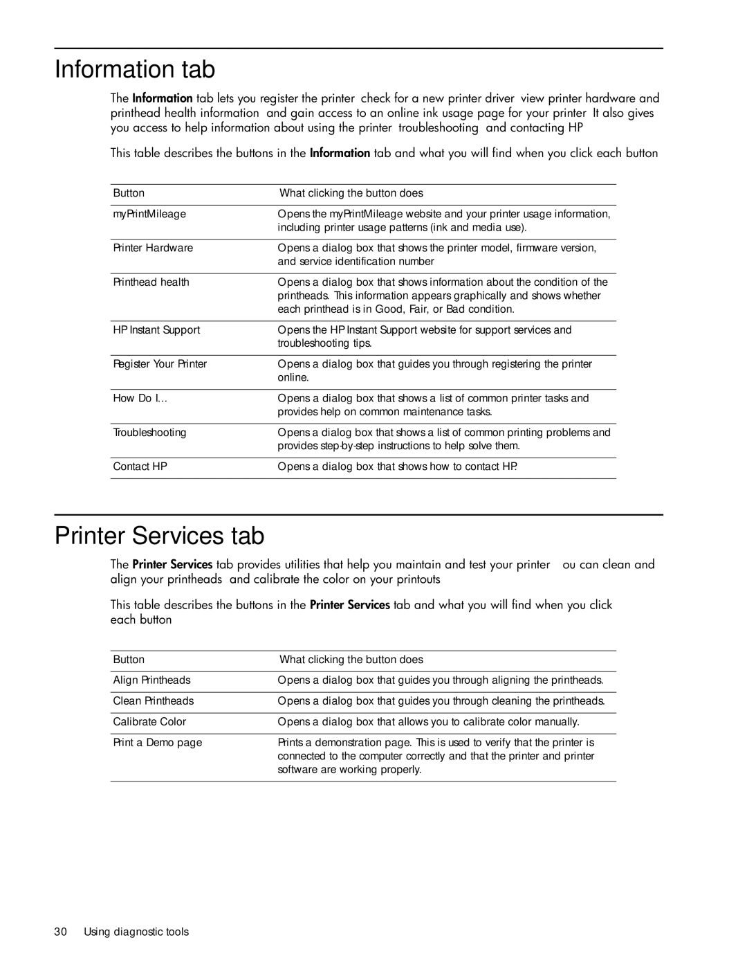 HP 1000 manual Information tab, Printer Services tab 