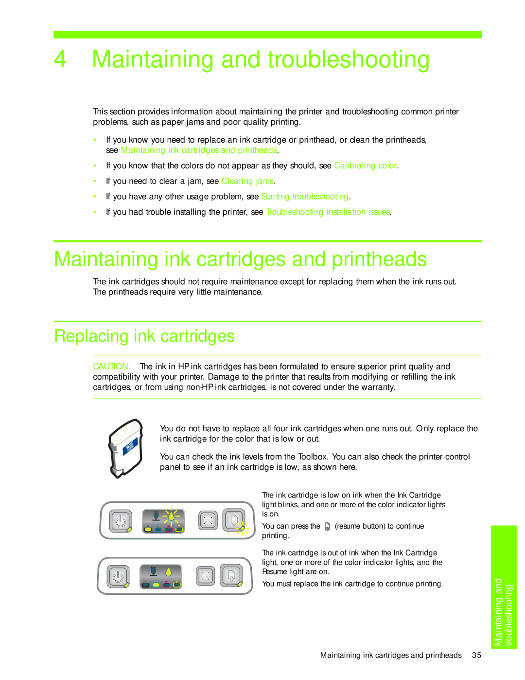 HP 1000 manual Maintaining and troubleshooting, Maintaining ink cartridges and printheads, Replacing ink cartridges 