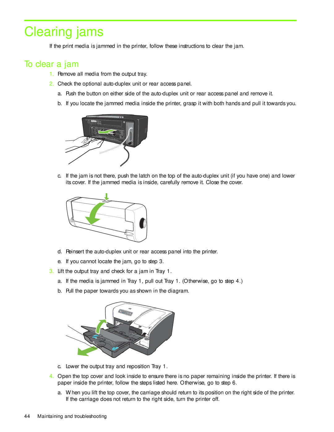 HP 1000 manual Clearing jams, To clear a jam 