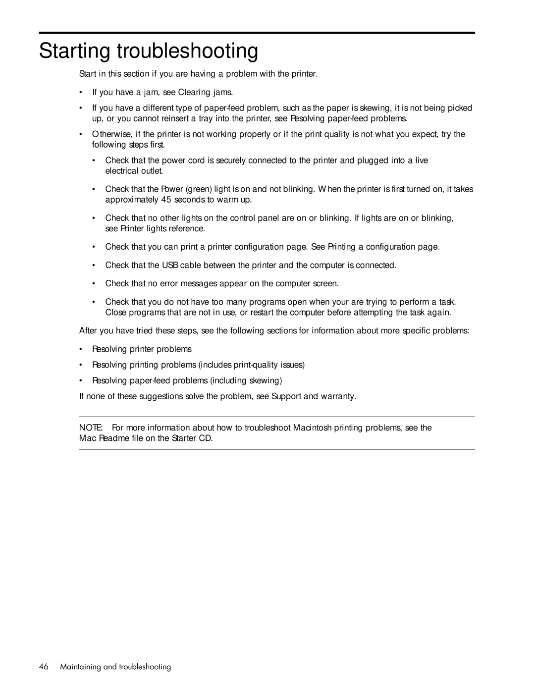 HP 1000 manual Starting troubleshooting, Resolving paper-feed problems including skewing 