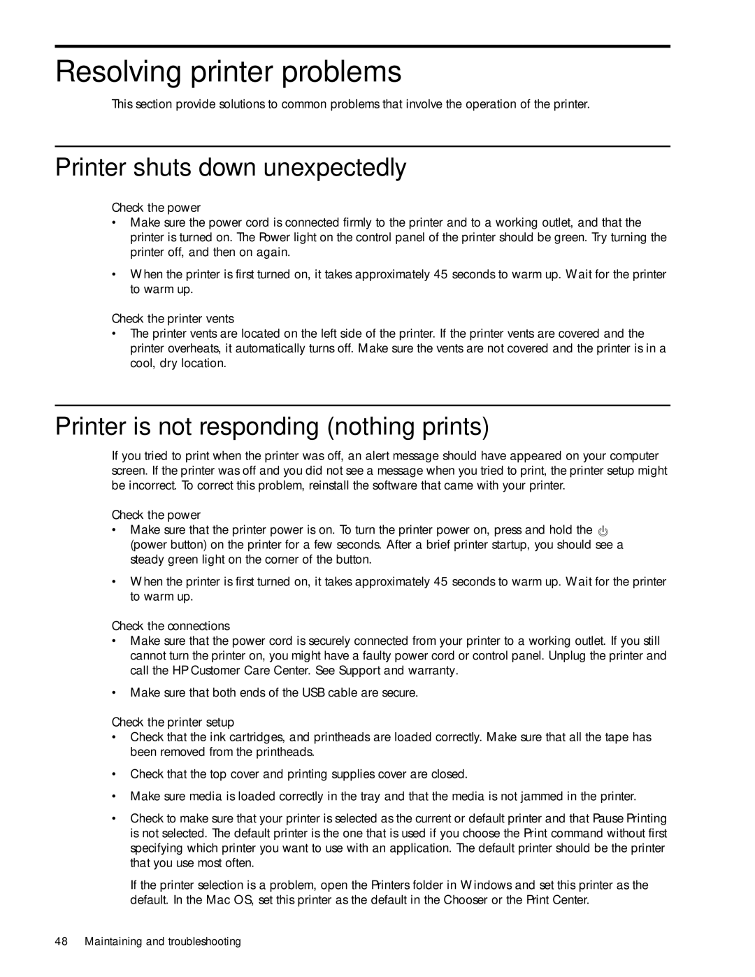 HP 1000 manual Resolving printer problems, Printer shuts down unexpectedly, Printer is not responding nothing prints 