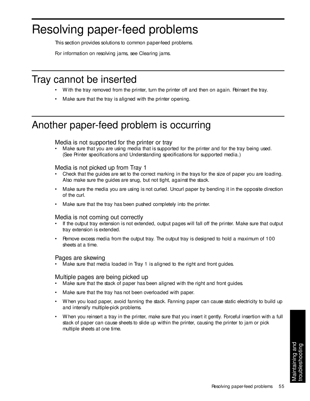 HP 1000 manual Resolving paper-feed problems, Tray cannot be inserted, Another paper-feed problem is occurring 