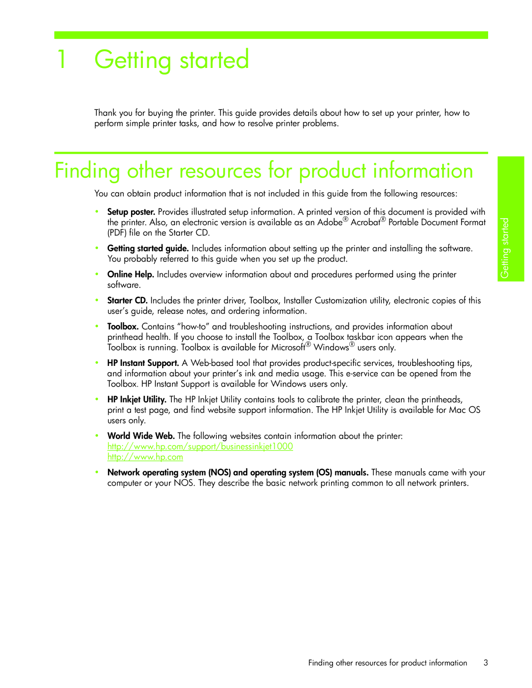 HP 1000 manual Getting started, Finding other resources for product information 