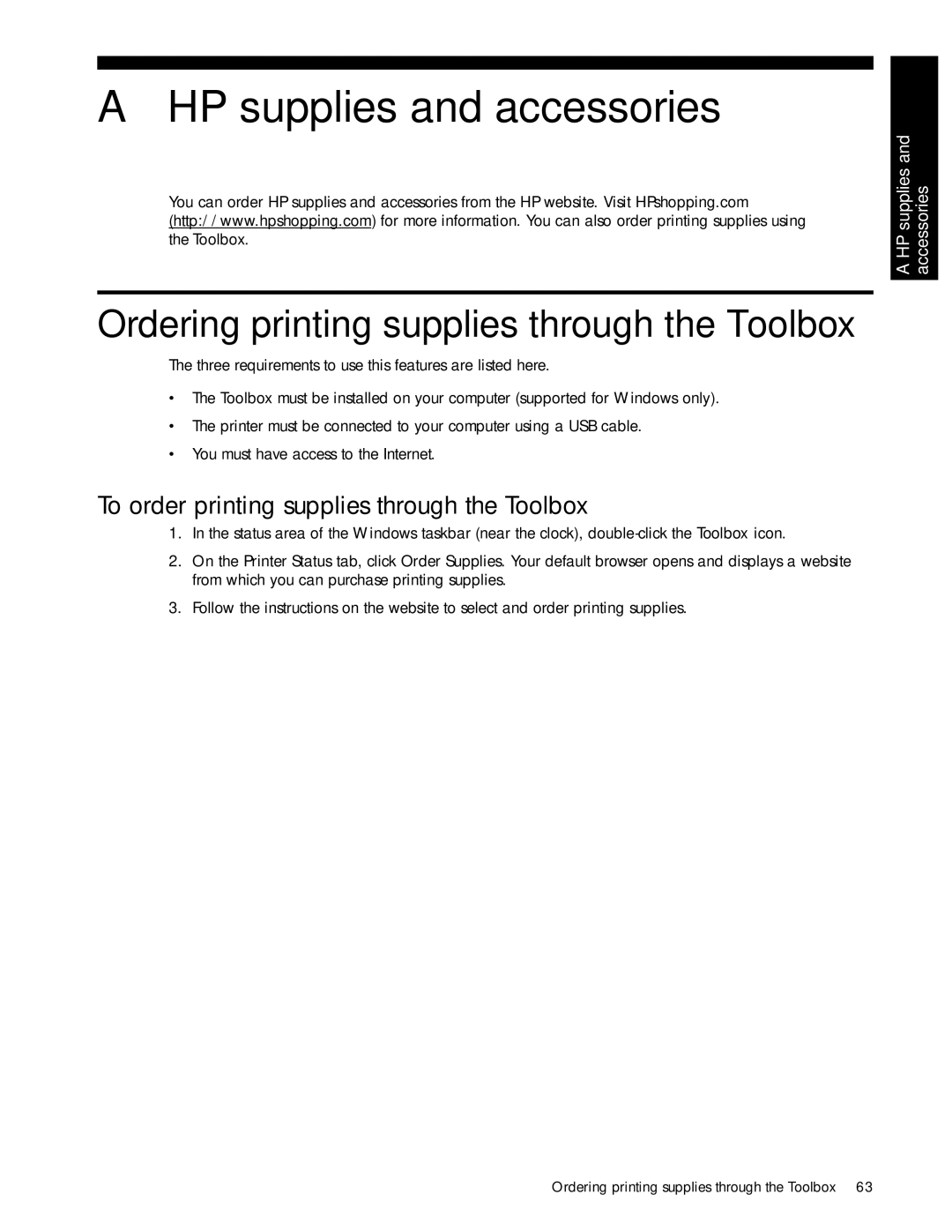 HP 1000 manual HP supplies and accessories, Ordering printing supplies through the Toolbox 