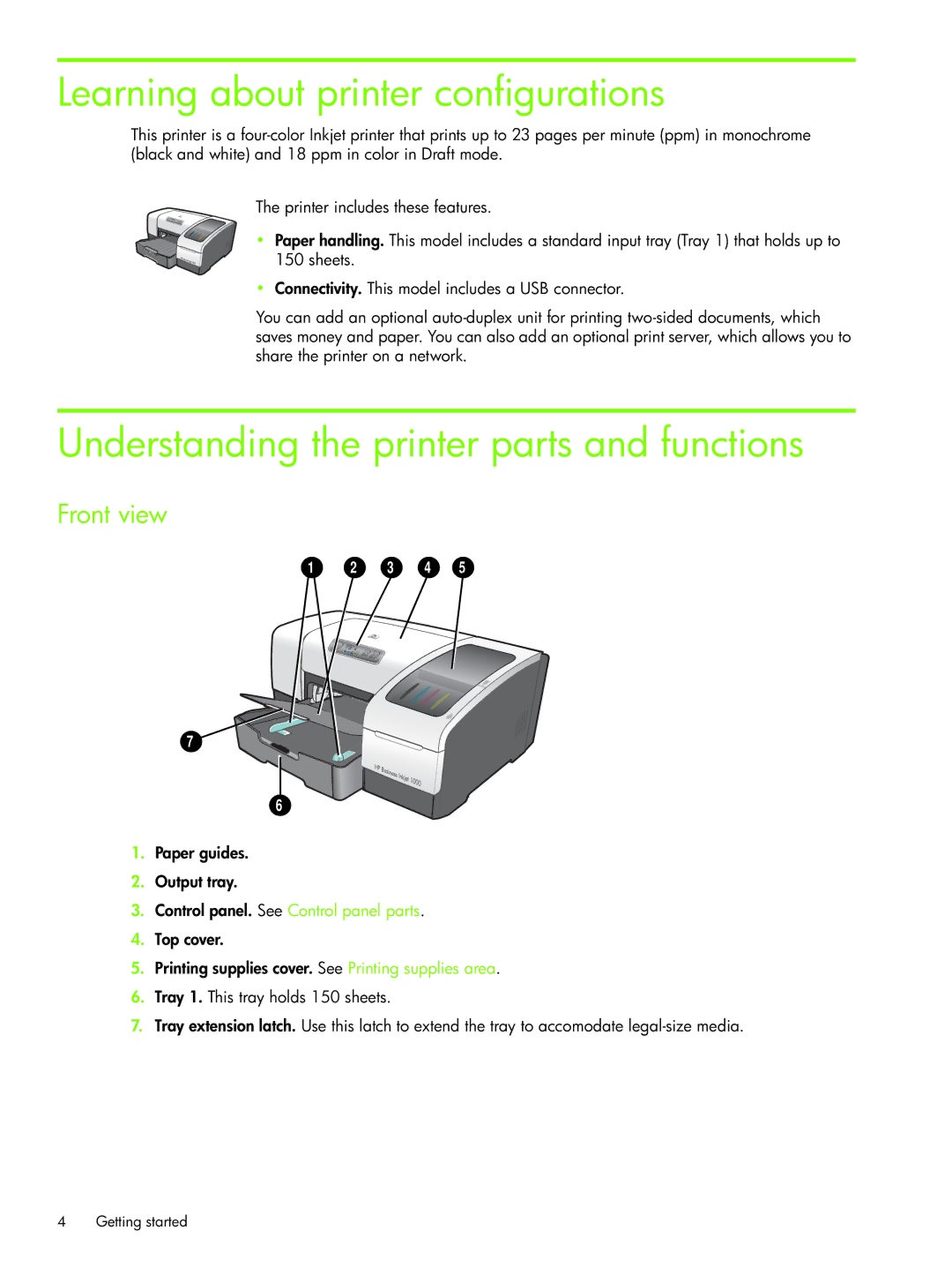 HP 1000 manual Learning about printer configurations, Understanding the printer parts and functions, Front view 