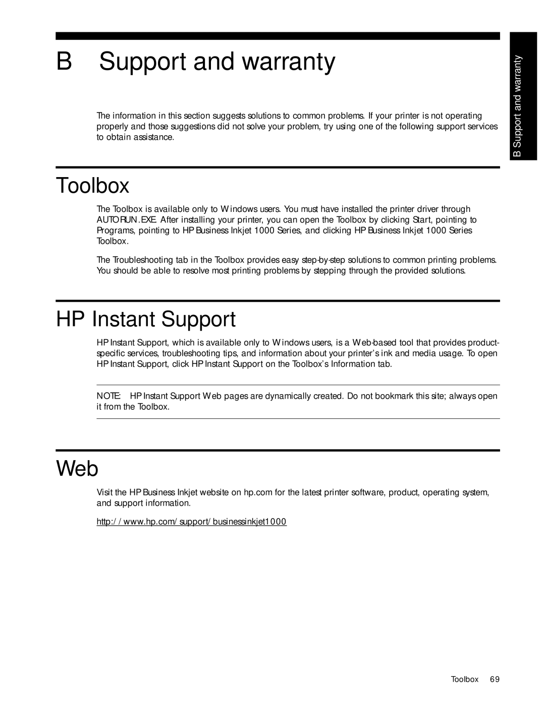 HP 1000 manual Support and warranty, Toolbox, HP Instant Support, Web 