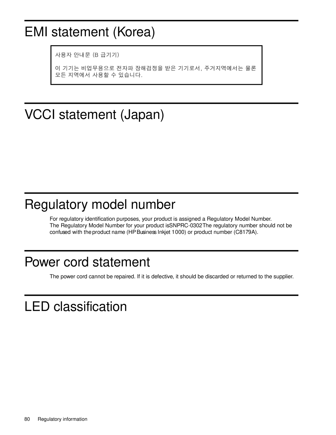 HP 1000 manual Power cord statement, LED classification 