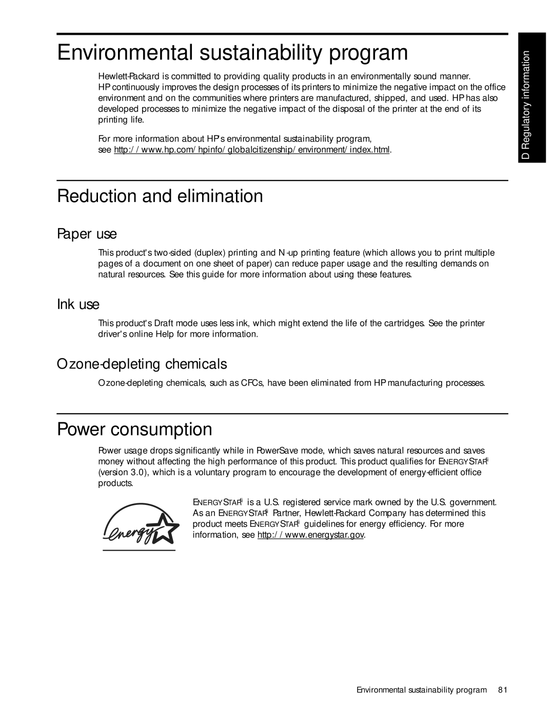 HP 1000 manual Environmental sustainability program, Reduction and elimination, Power consumption 