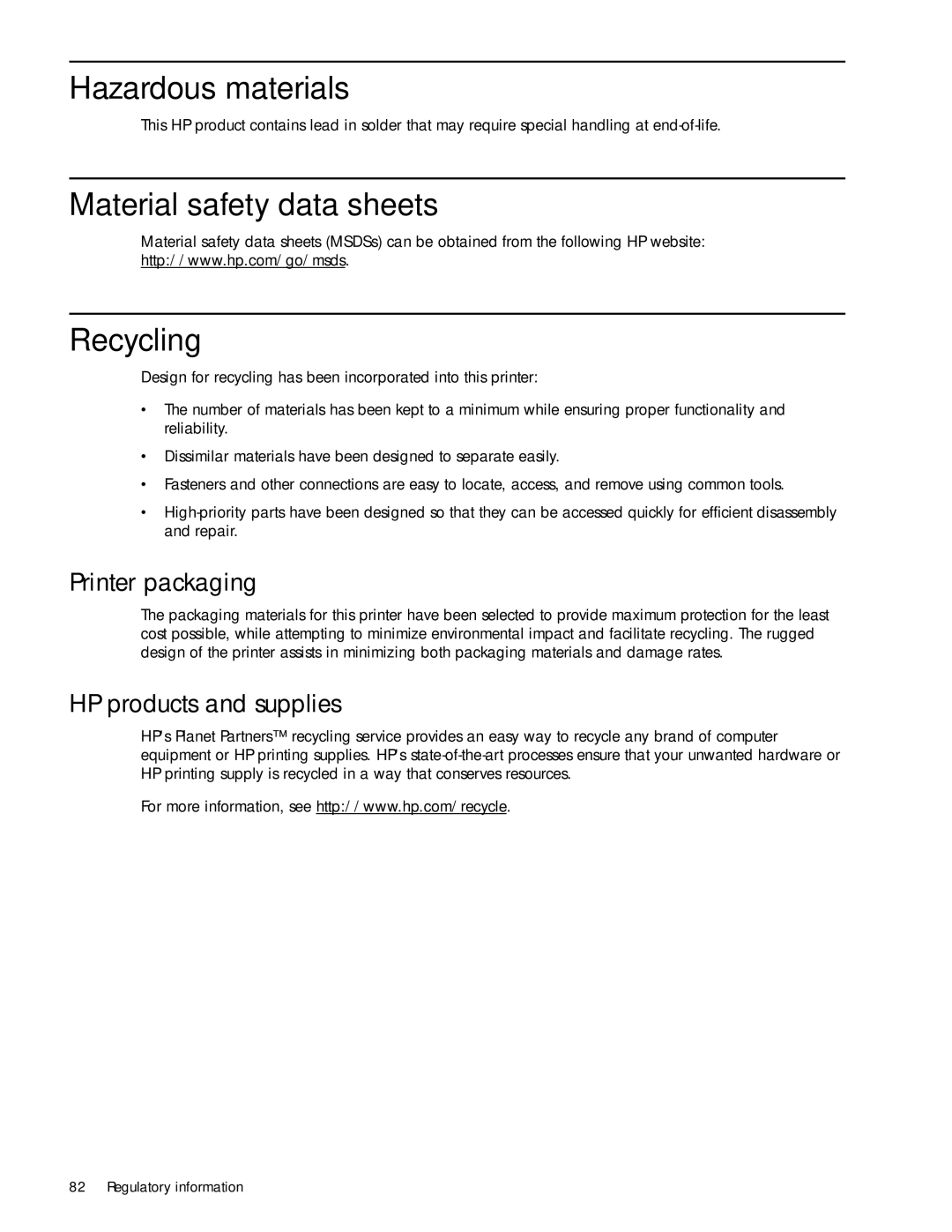 HP 1000 manual Hazardous materials, Material safety data sheets, Recycling, Printer packaging, HP products and supplies 