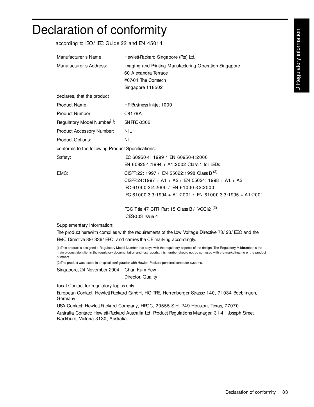 HP 1000 manual Declaration of conformity, According to ISO/IEC Guide 22 and EN 