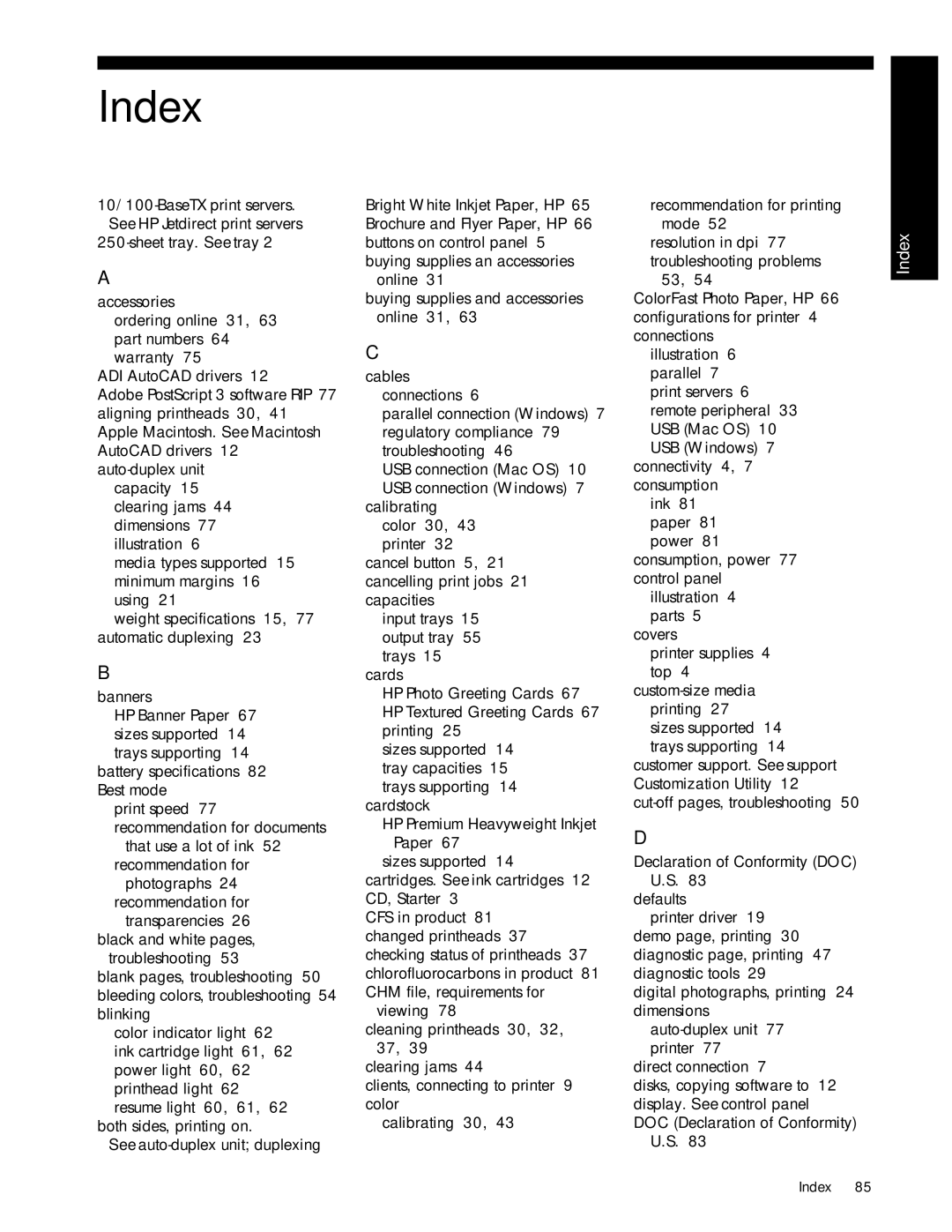 HP 1000 manual Index 