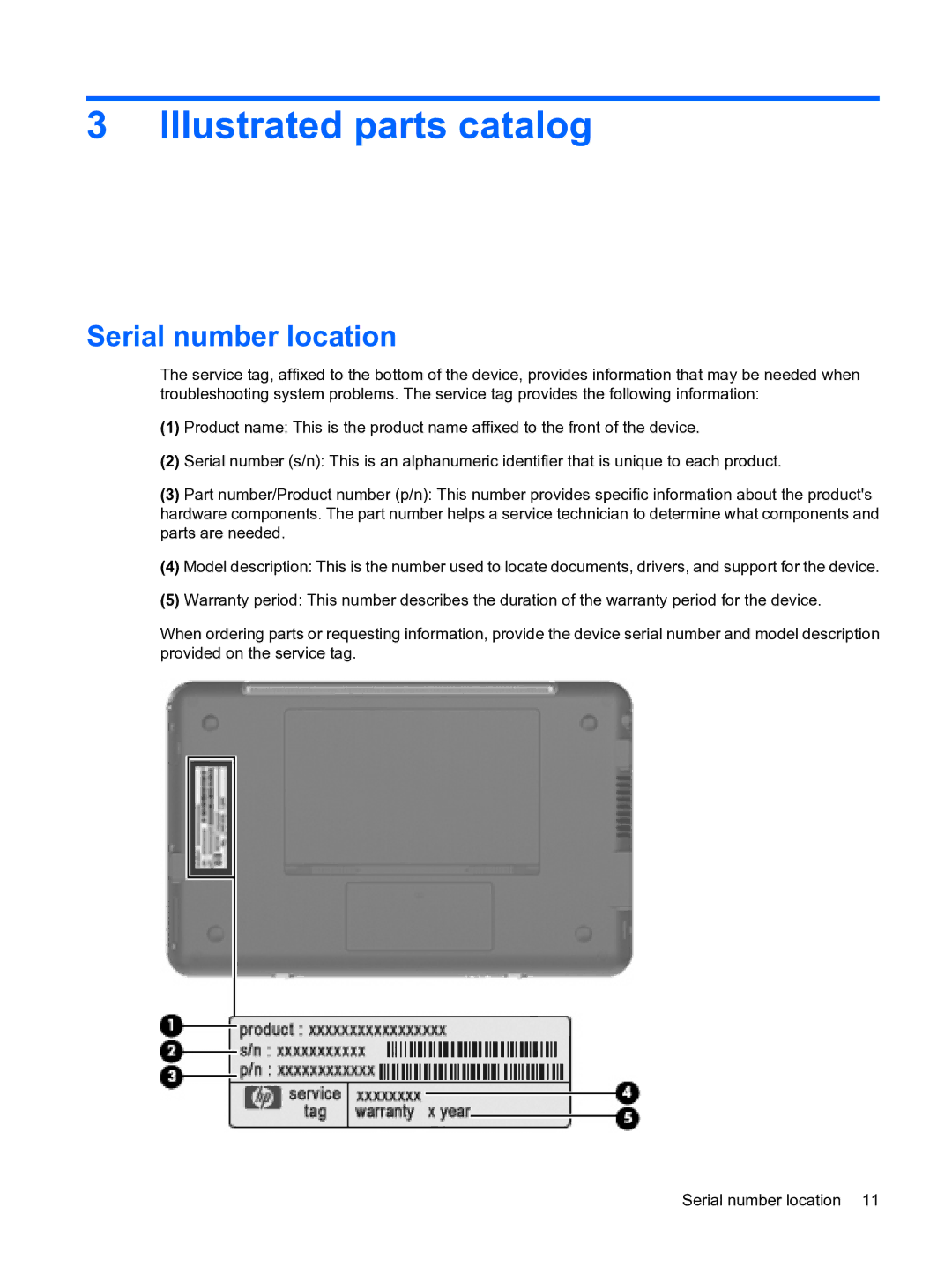 HP 1000 manual Illustrated parts catalog, Serial number location 