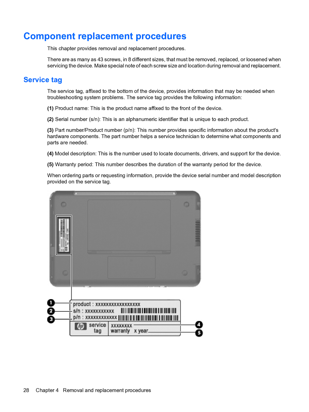 HP 1000 manual Component replacement procedures, Service tag 