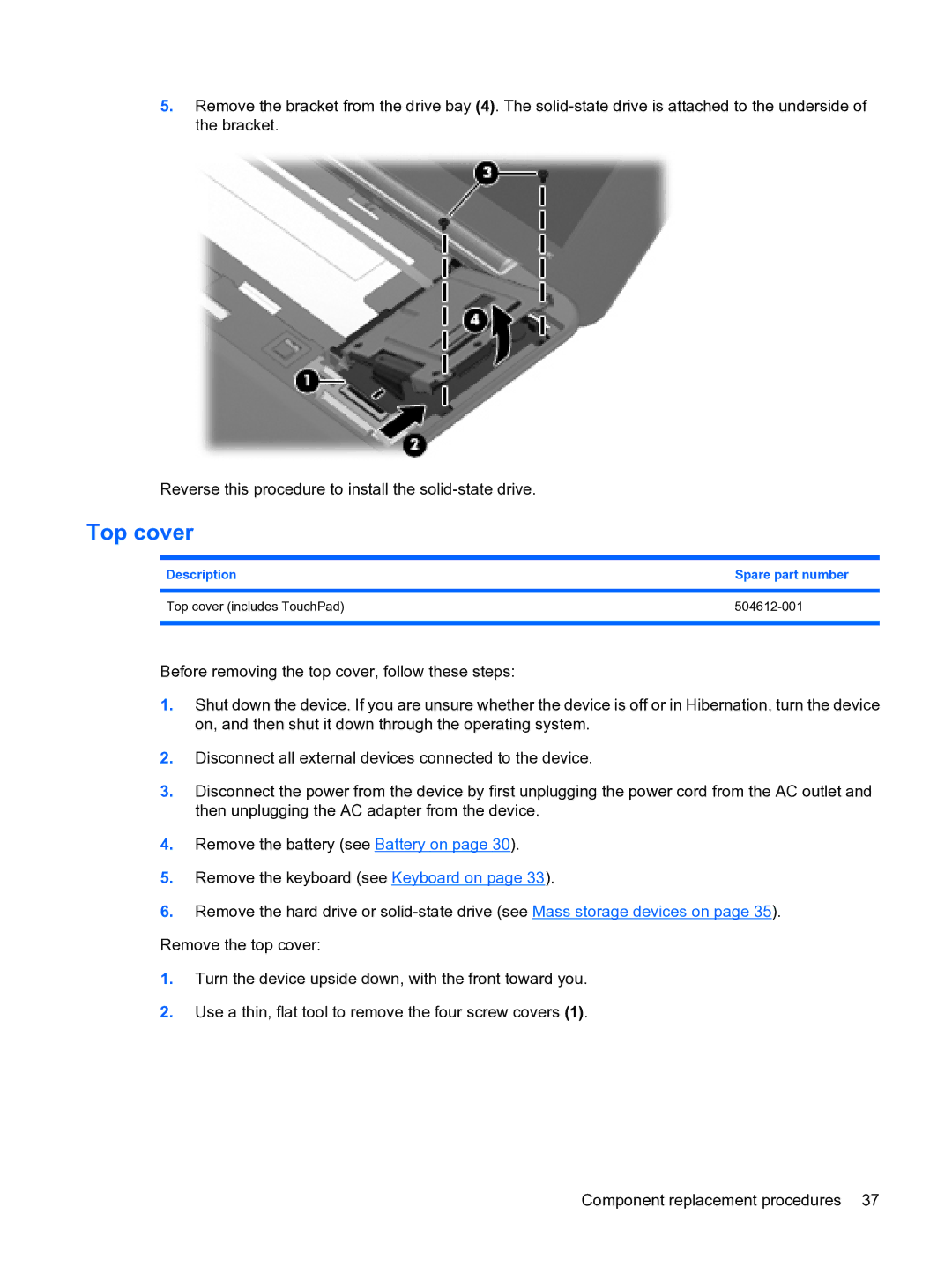 HP 1000 manual Top cover 