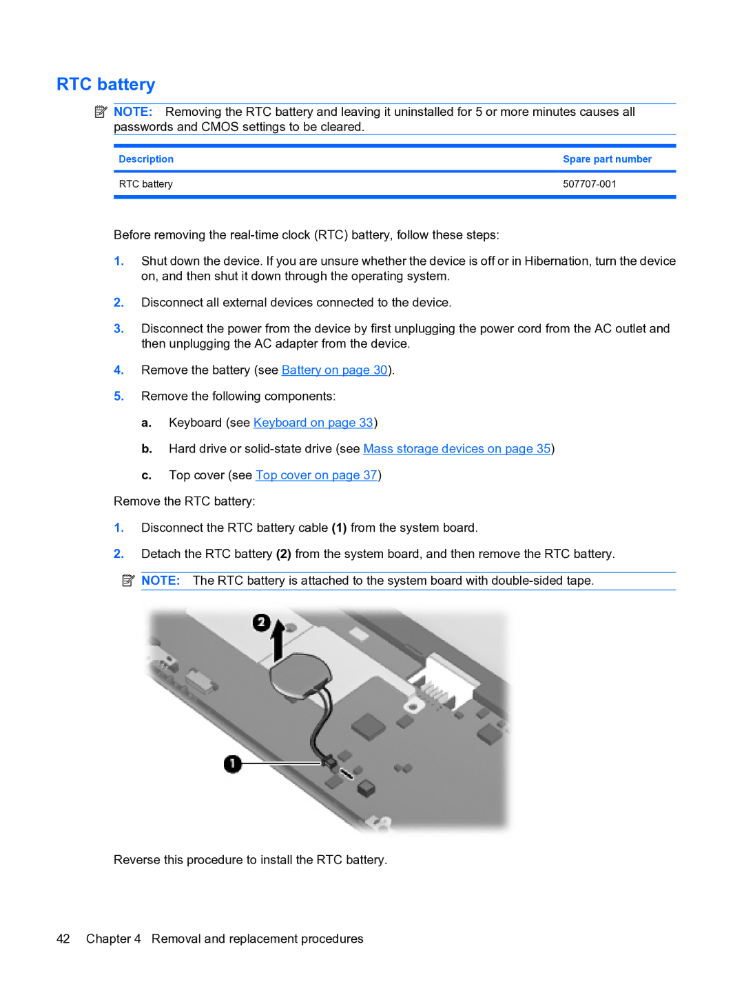 HP 1000 manual Description Spare part number RTC battery 507707-001 