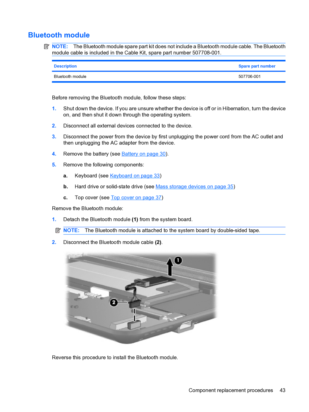 HP 1000 manual Description Spare part number Bluetooth module 507706-001 