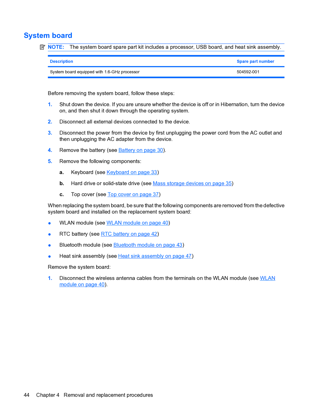 HP 1000 manual System board, Description Spare part number 