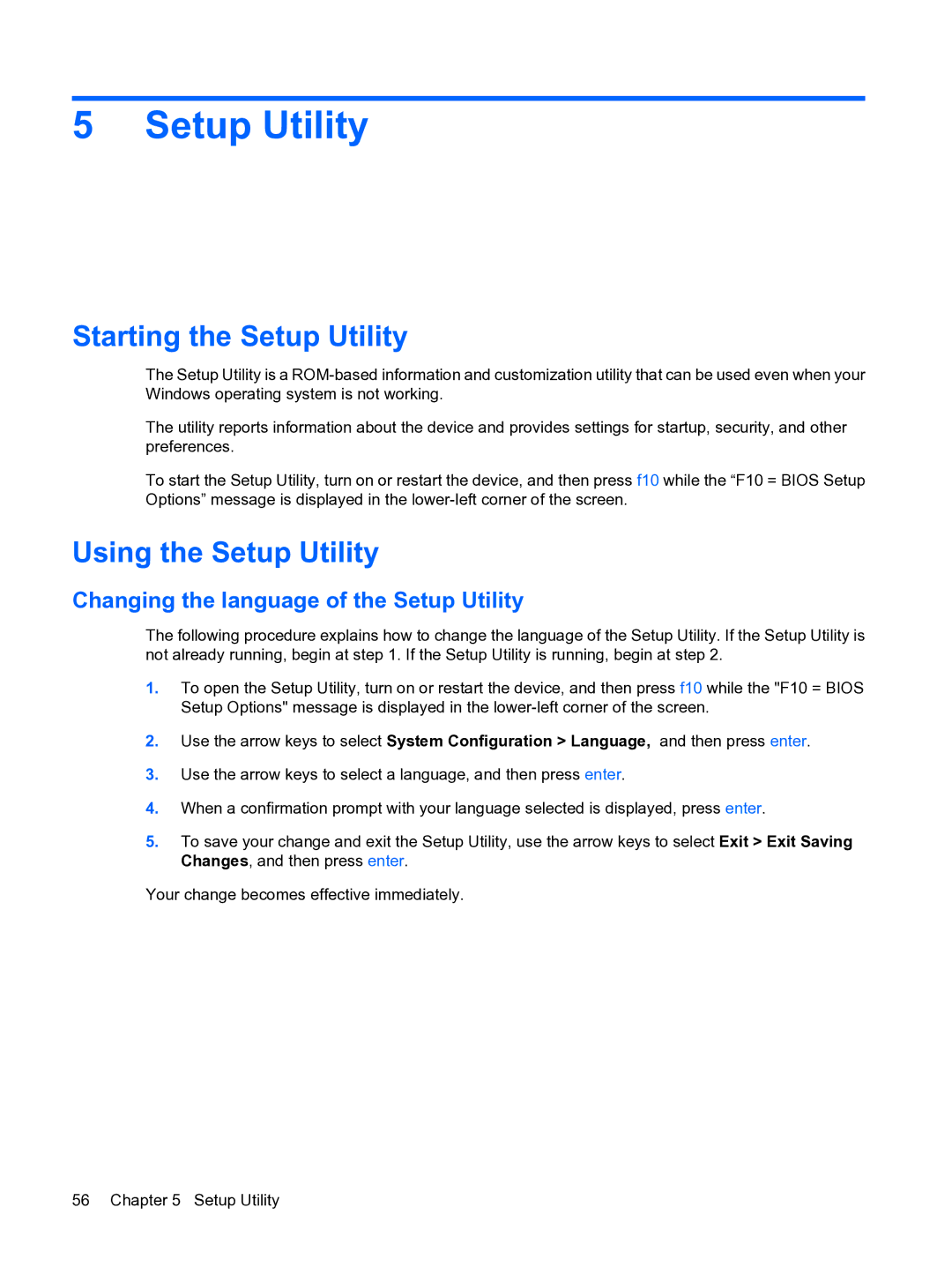 HP 1000 manual Starting the Setup Utility, Using the Setup Utility, Changing the language of the Setup Utility 