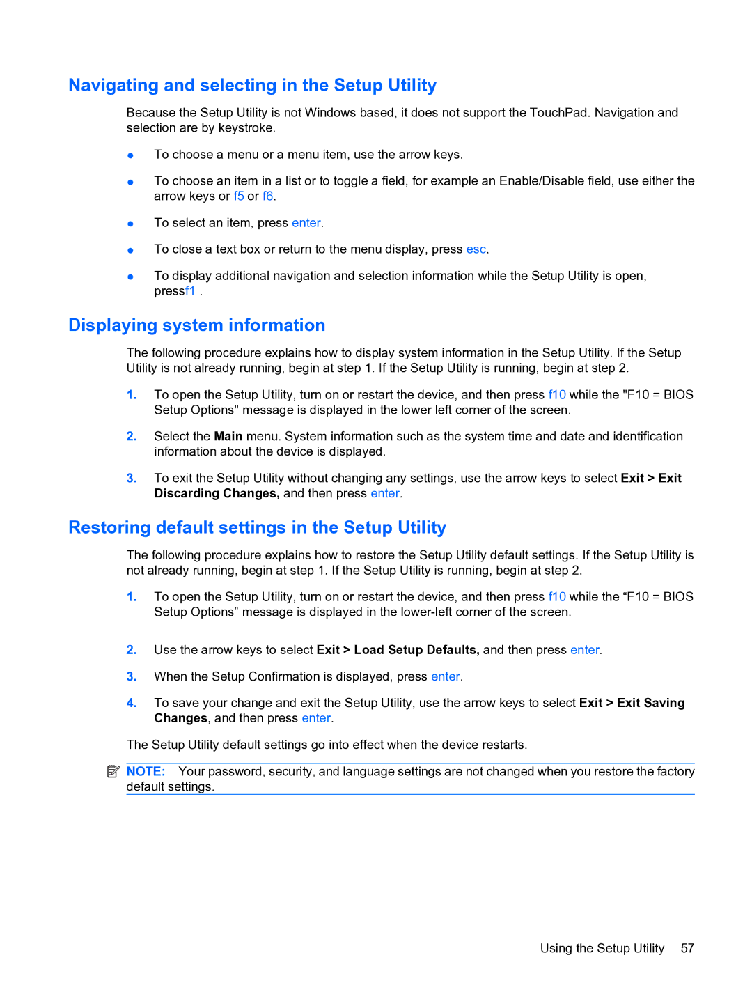 HP 1000 manual Navigating and selecting in the Setup Utility, Displaying system information 