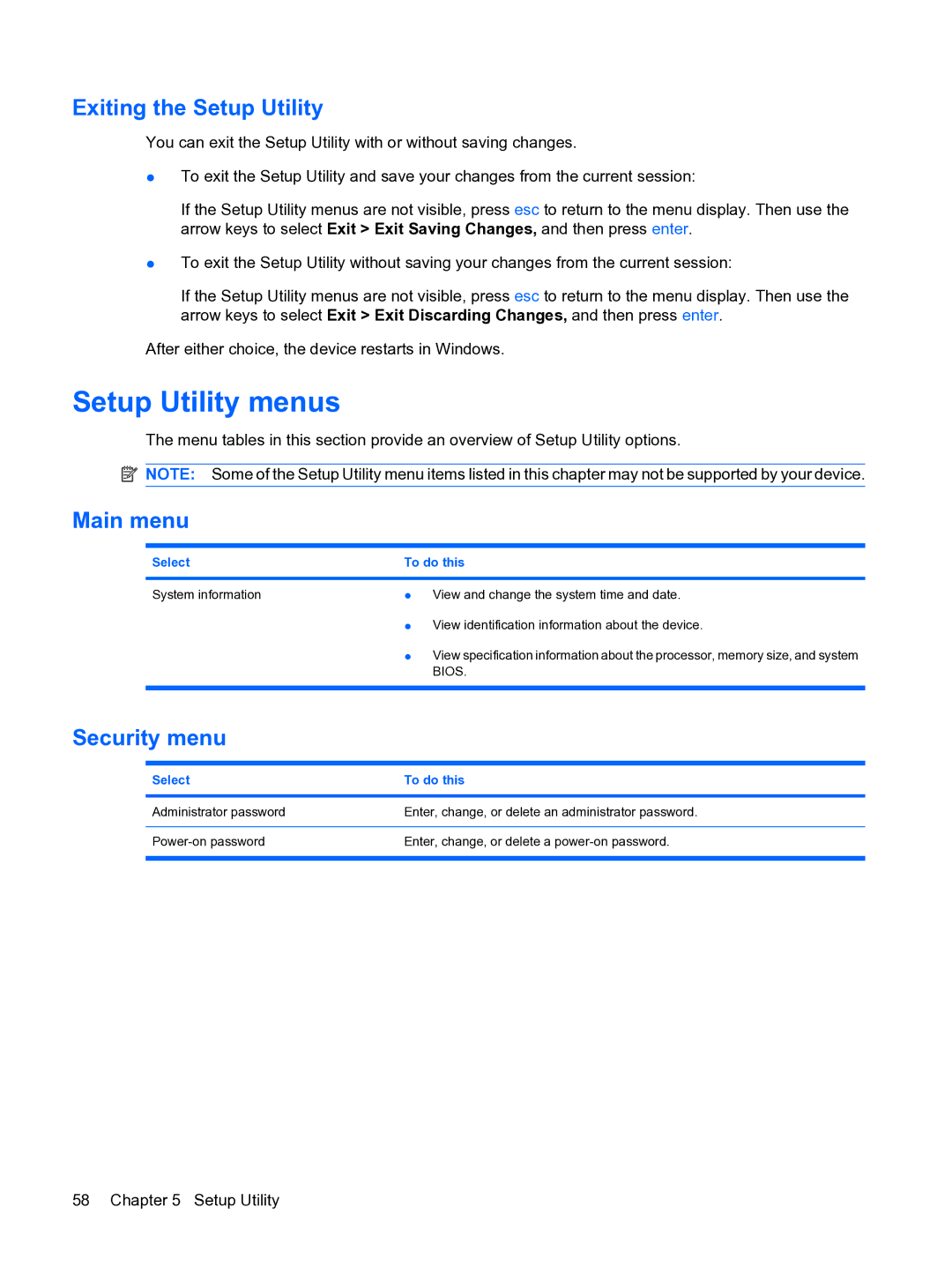 HP 1000 manual Setup Utility menus, Exiting the Setup Utility, Main menu, Security menu, Select To do this 