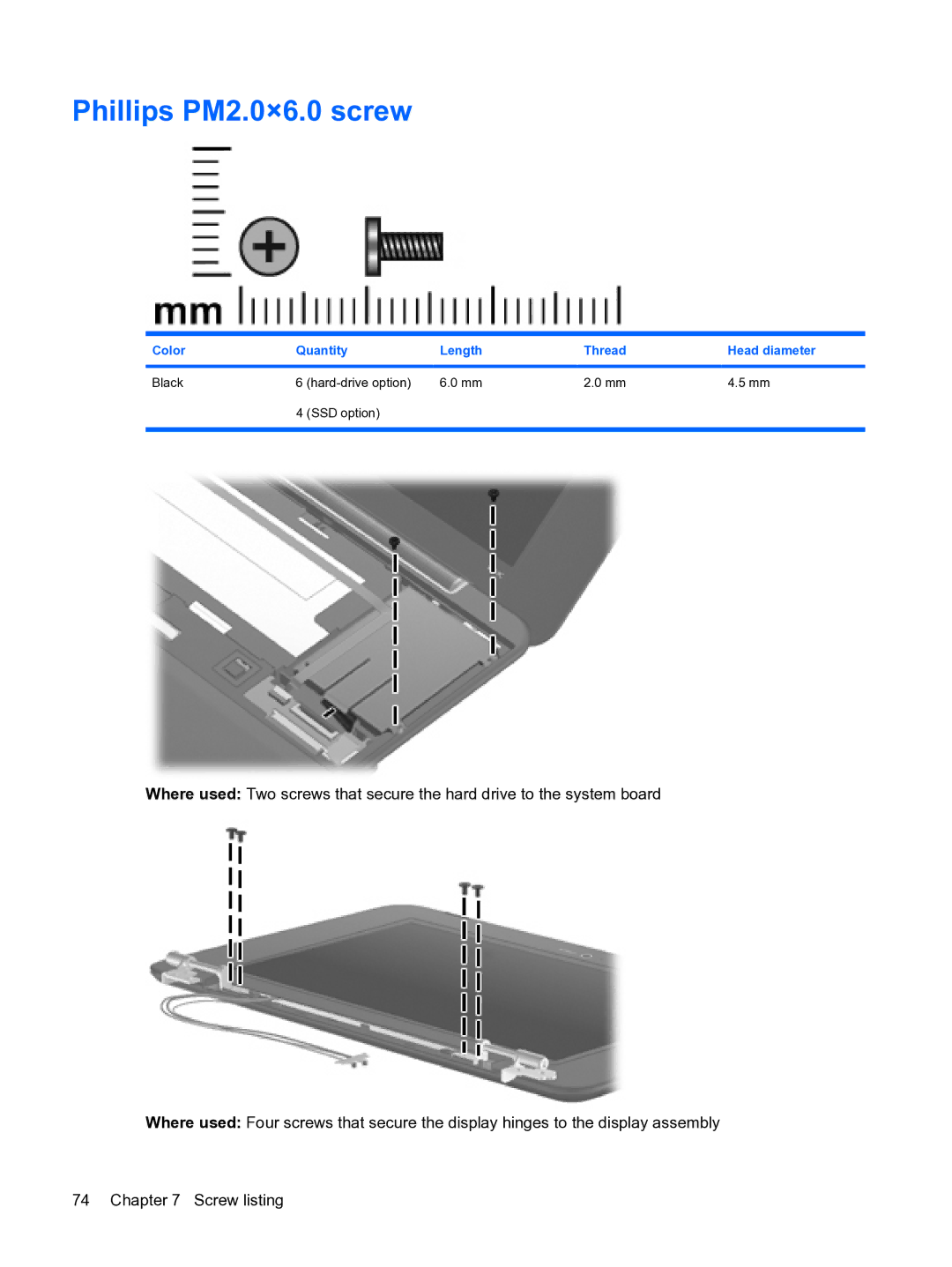 HP 1000 manual Phillips PM2.0×6.0 screw, Color Quantity Length Thread Head diameter 