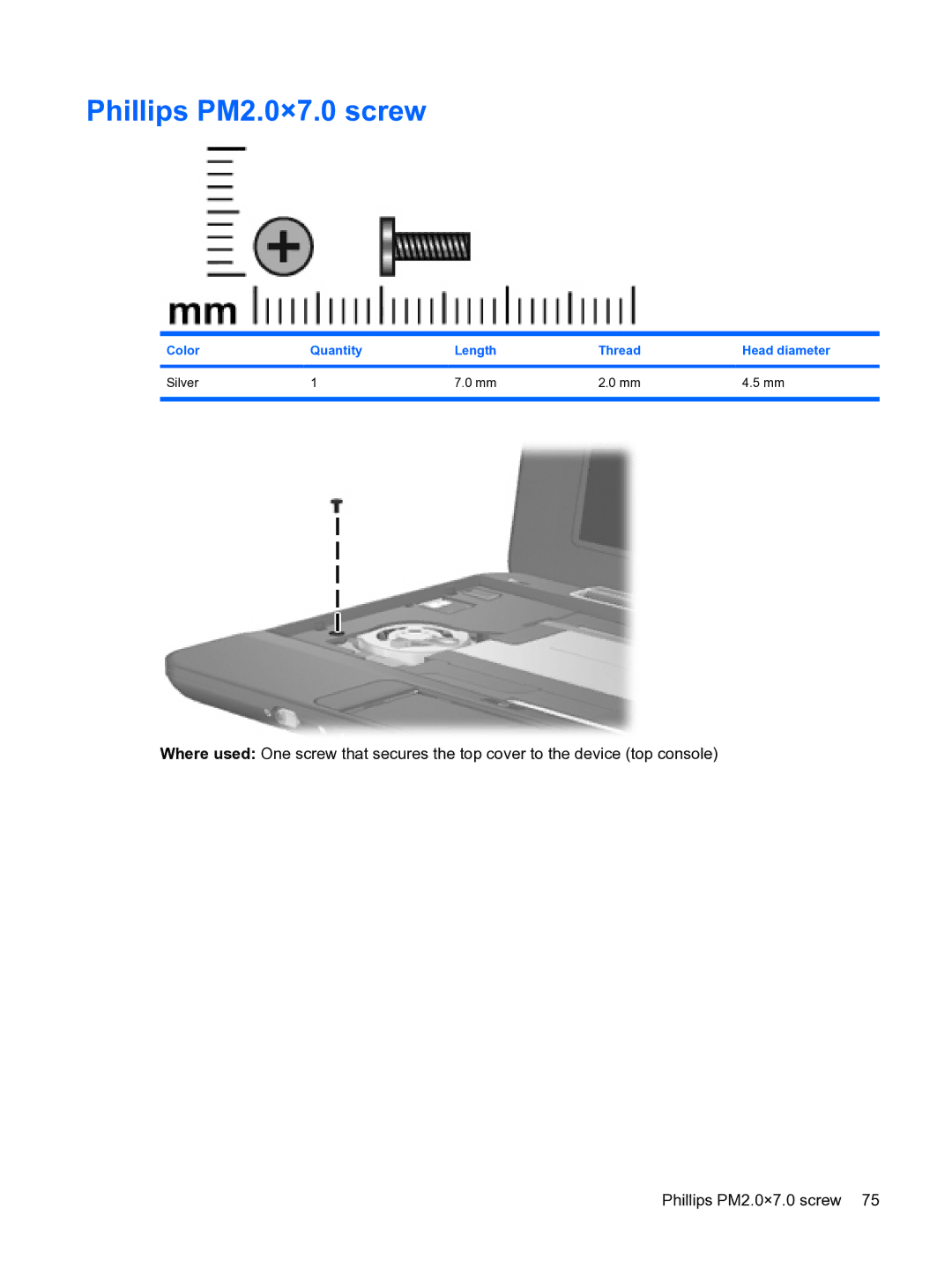 HP 1000 manual Phillips PM2.0×7.0 screw, Color Quantity Length Thread Head diameter Silver 