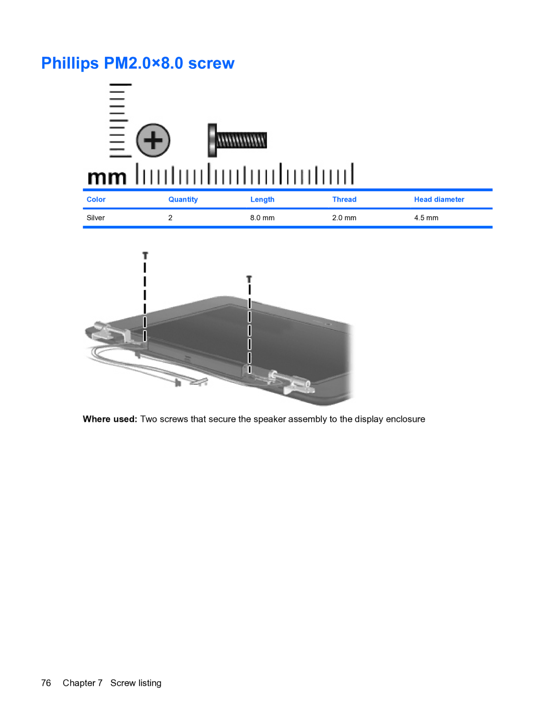 HP 1000 manual Phillips PM2.0×8.0 screw 