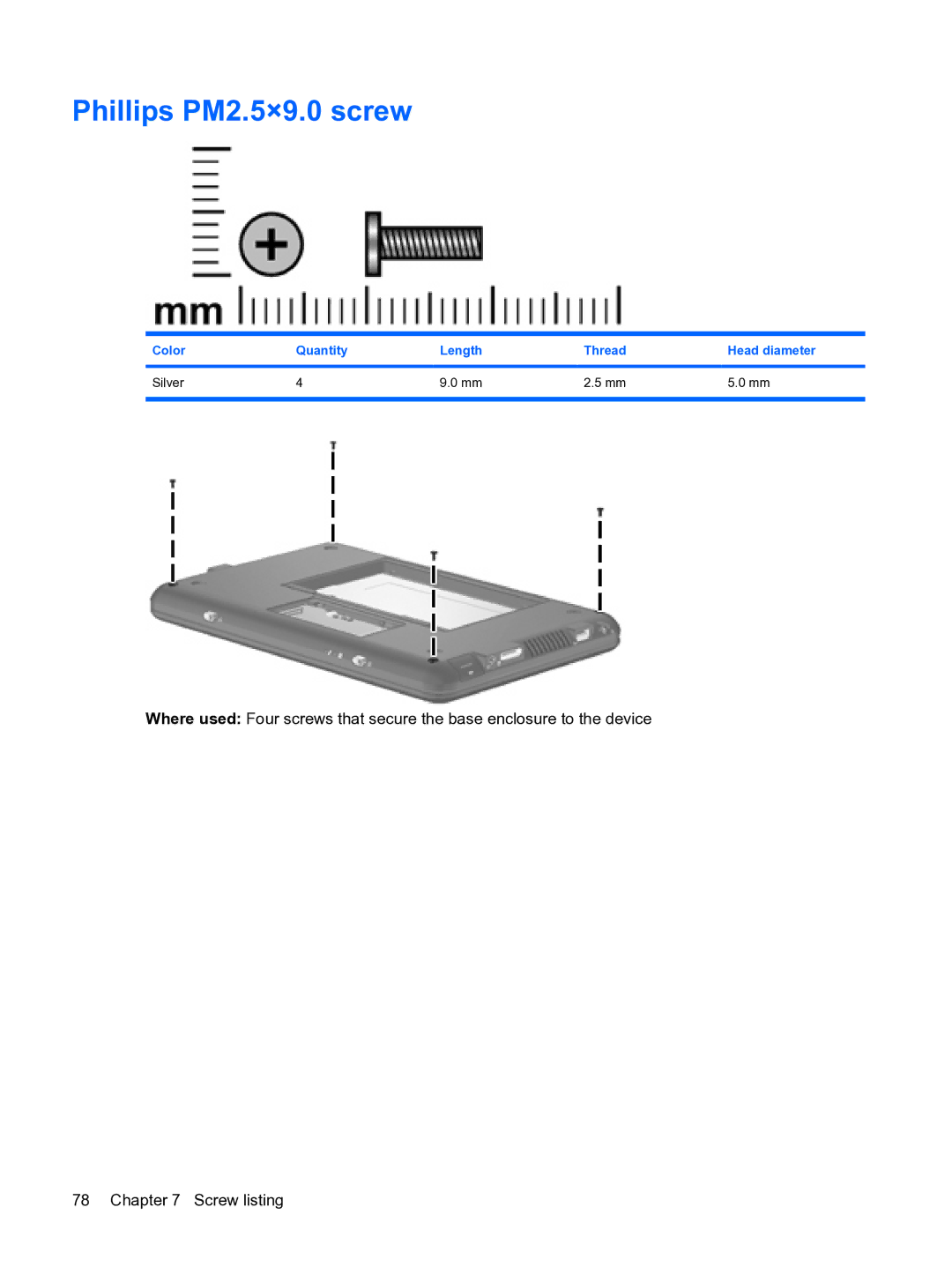 HP 1000 manual Phillips PM2.5×9.0 screw 