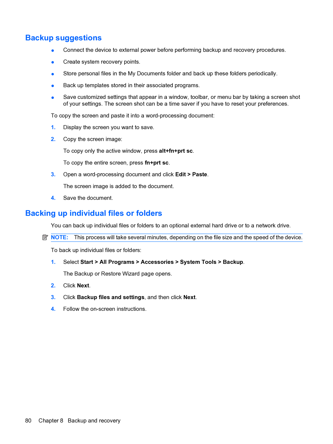 HP 1000 manual Backup suggestions, Backing up individual files or folders 