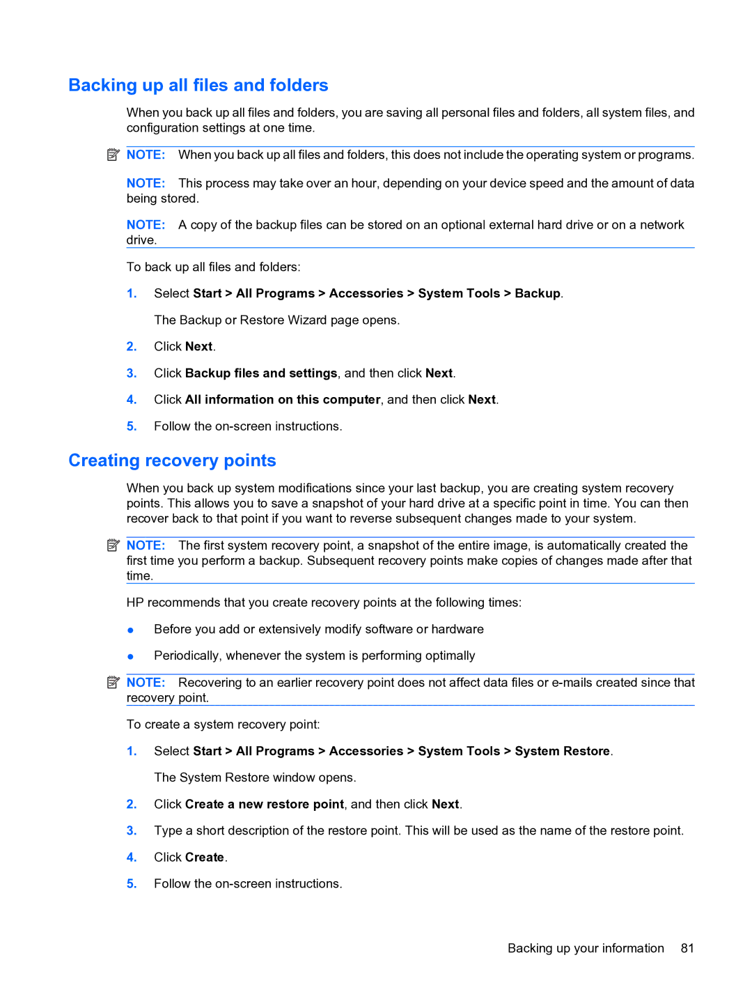 HP 1000 manual Backing up all files and folders, Creating recovery points 