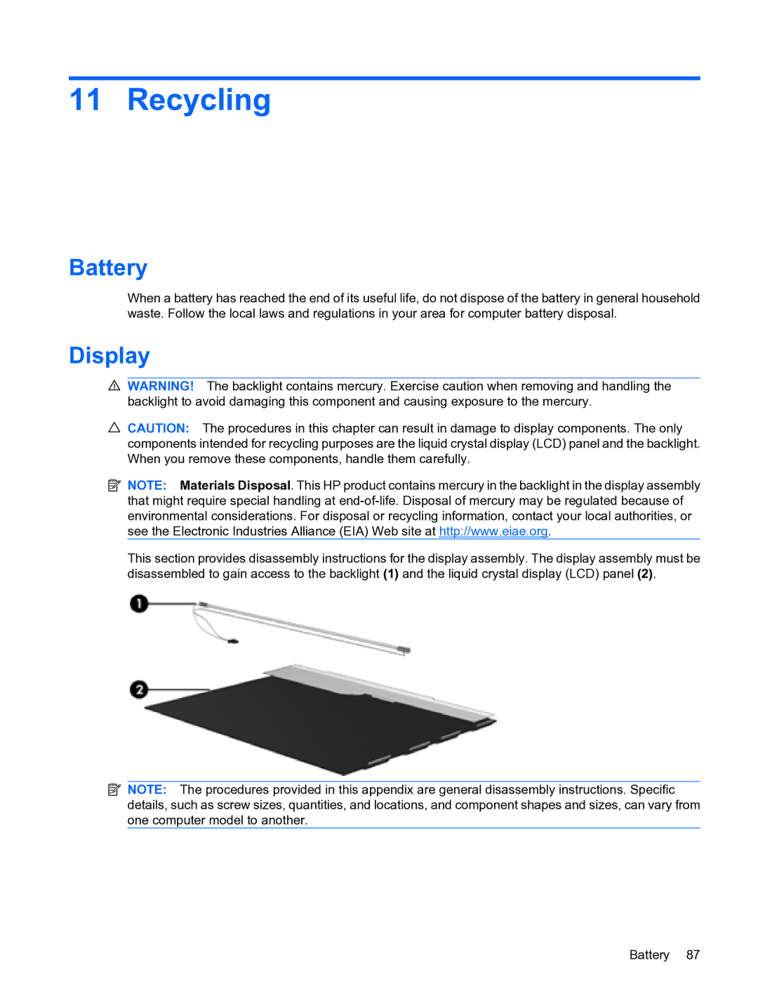 HP 1000 manual Recycling, Battery, Display 