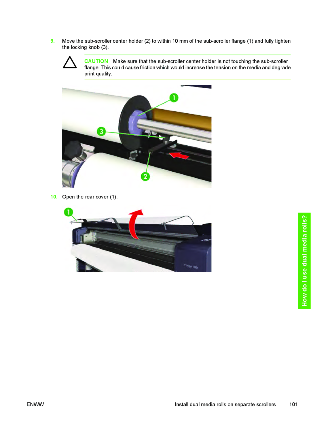 HP 10000s manual Install dual media rolls on separate scrollers 101 