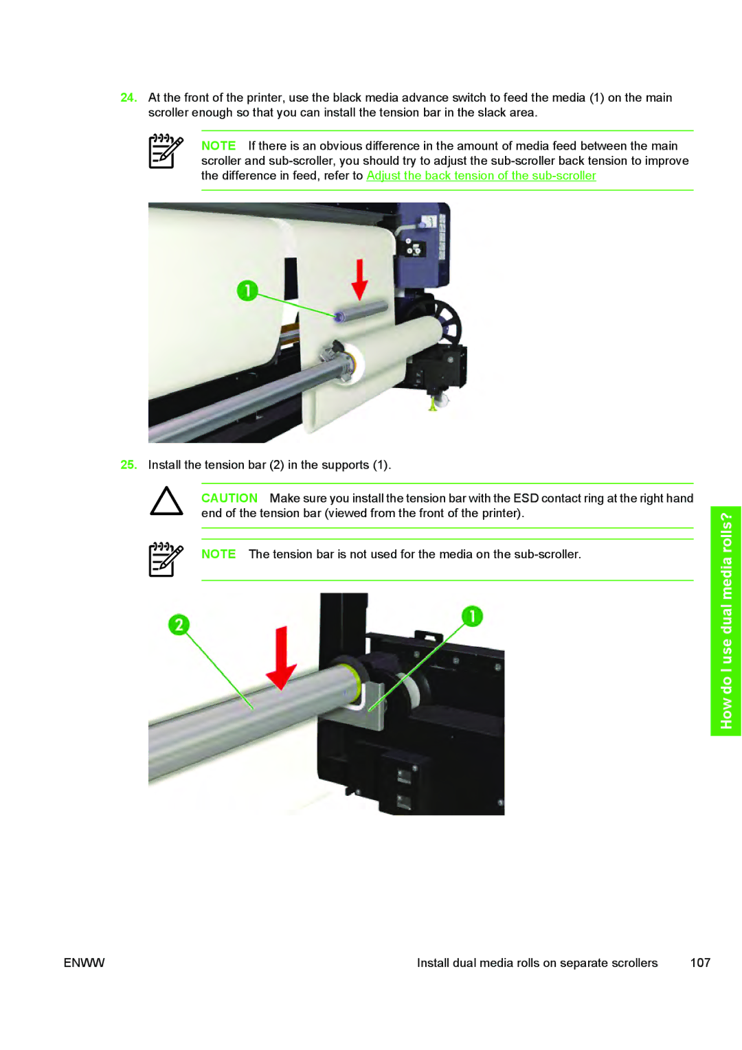 HP 10000s manual Install dual media rolls on separate scrollers 107 