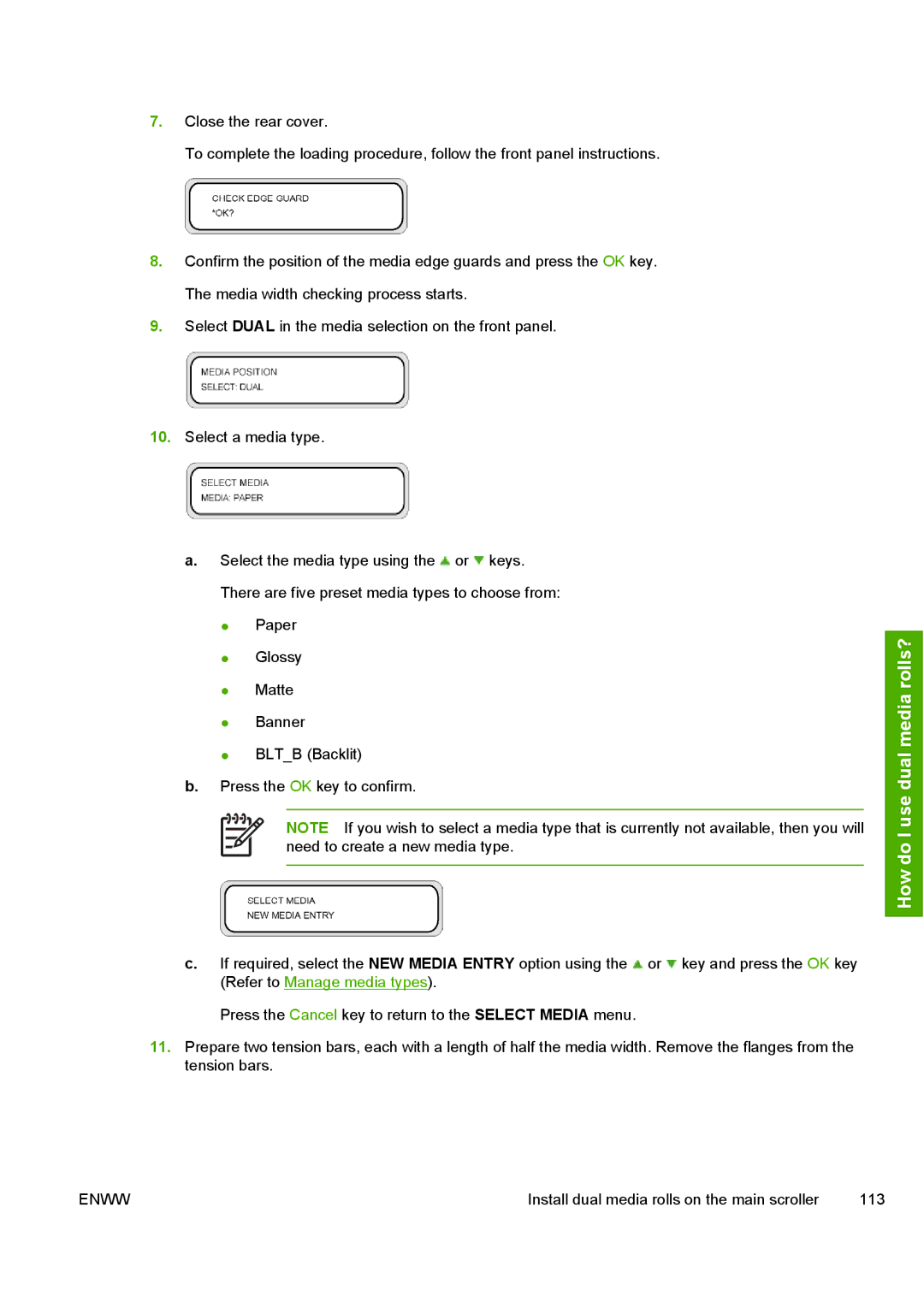 HP 10000s manual Install dual media rolls on the main scroller 113 