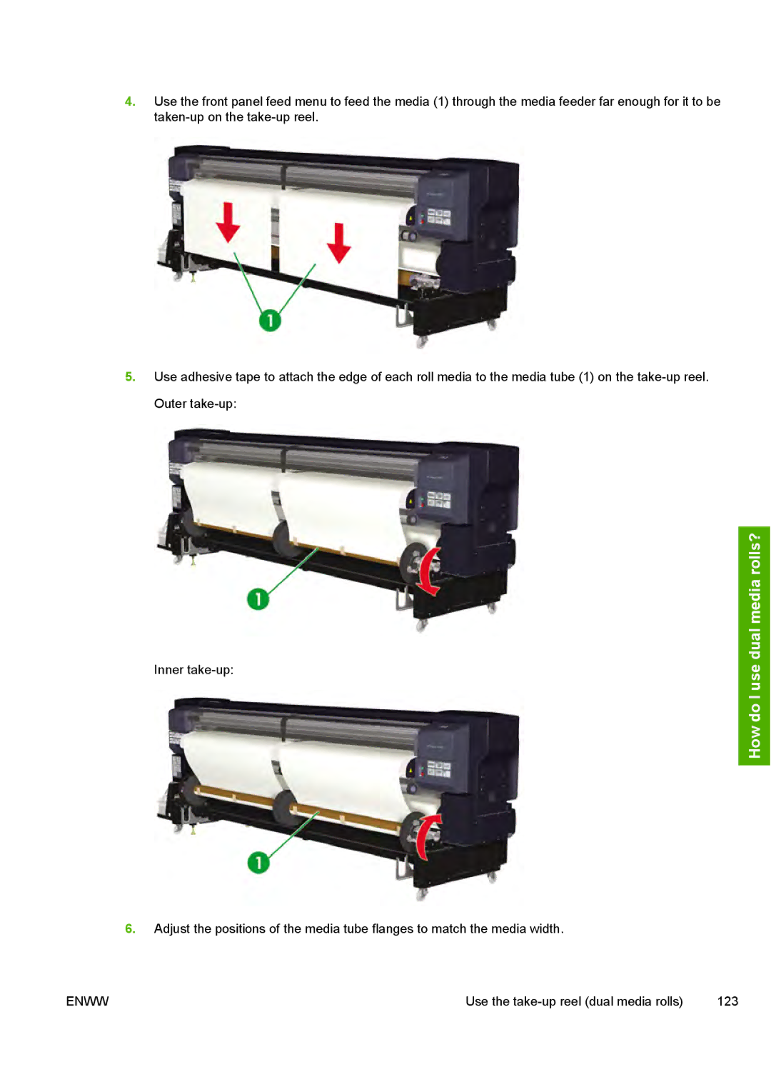 HP 10000s manual Use the take-up reel dual media rolls 123 